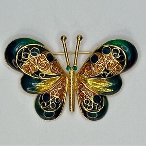 Gold Enamel Butterfly Brooch with Emerald Green Eyes